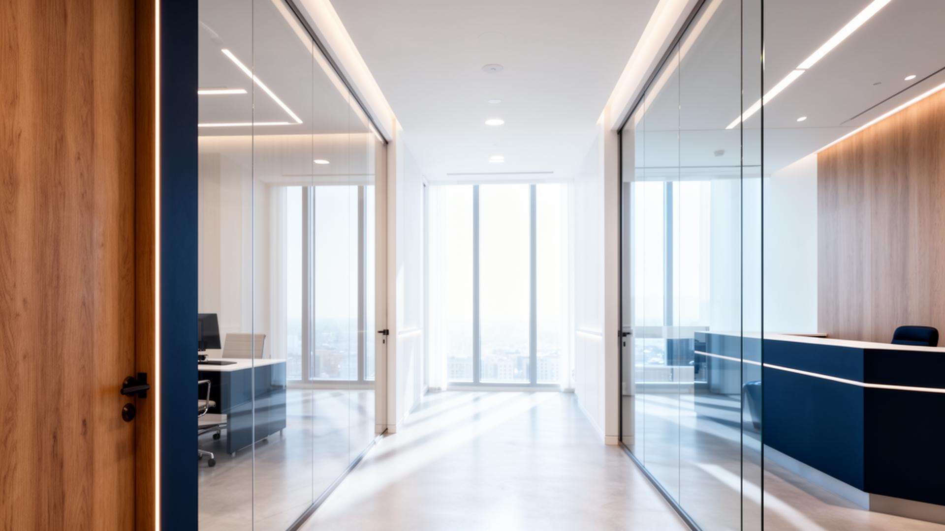 Clean modern clinical office interior with glass walls and natural light